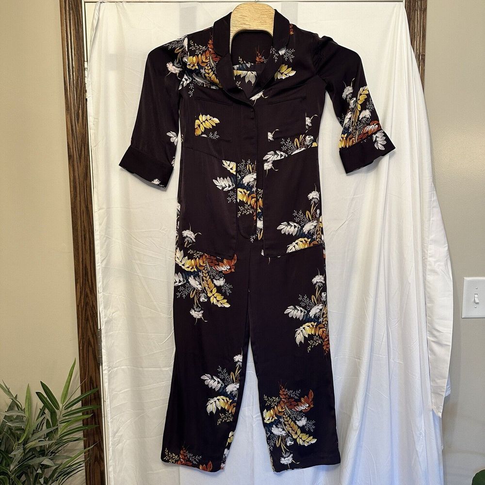 Madewell‎ Womens XS Satin Pajama Jumpsuit In Blooming Oasis Purple Floral Collar
